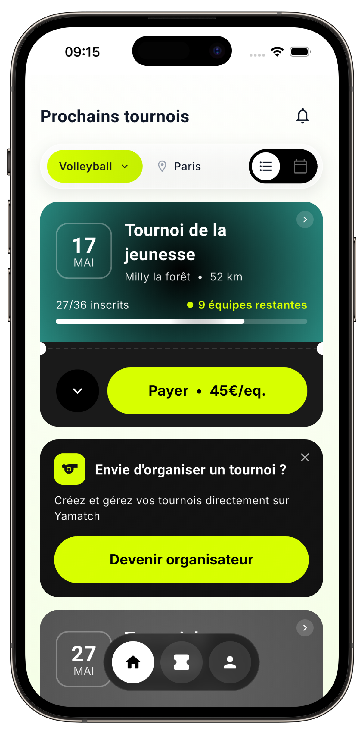 Aperçu de l'app Yamatch — accueil de découverte des tournois