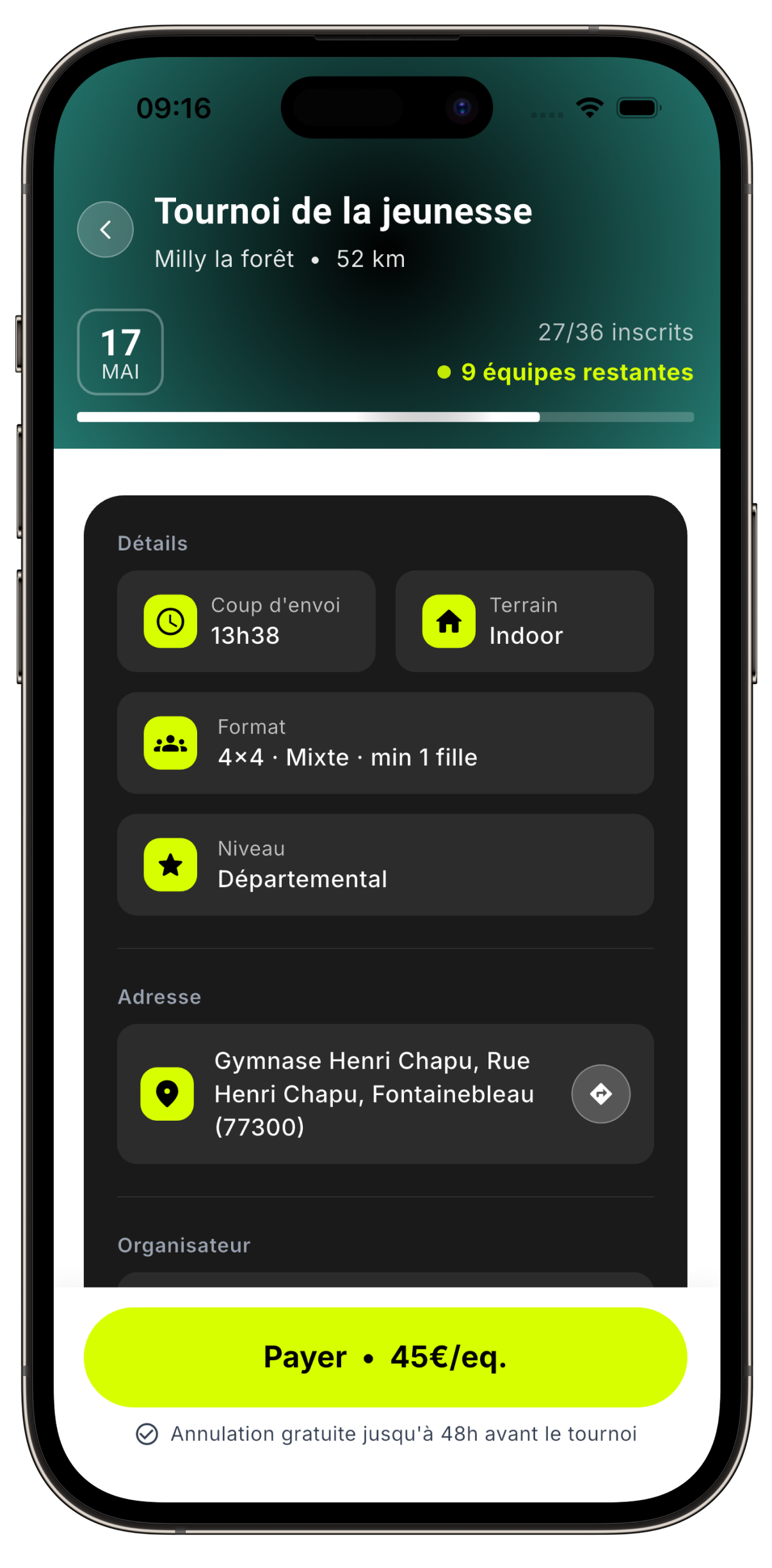 Yamatch — filtres lieu, niveau et format de tournoi