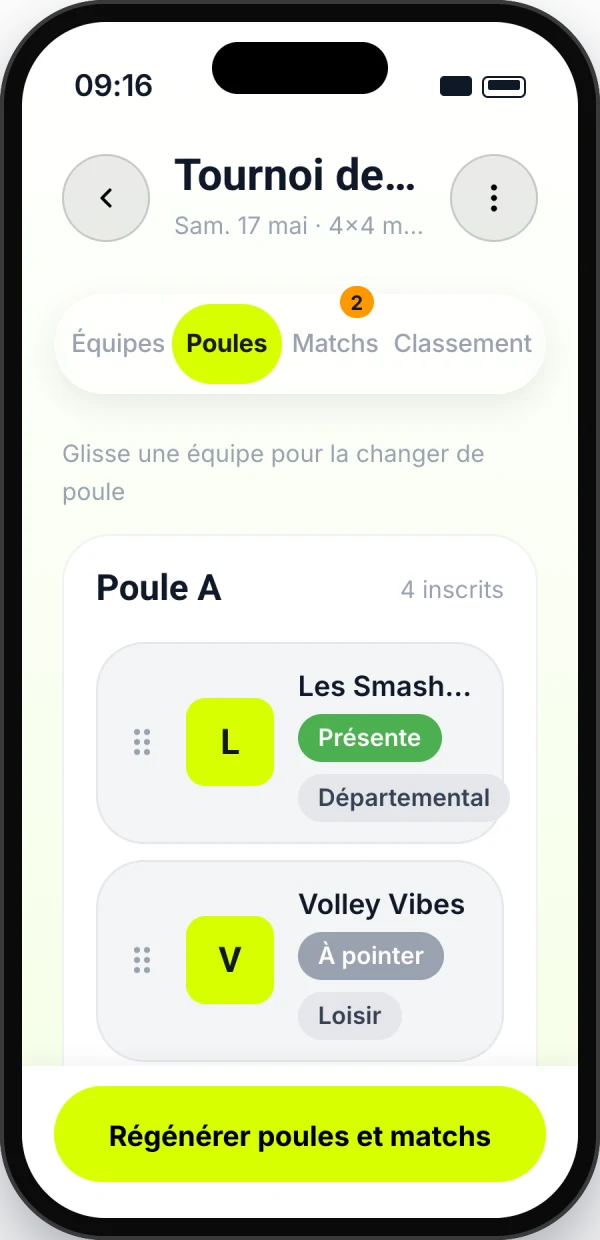 Écran Poules de l’app Yamatch : répartition des équipes en poules