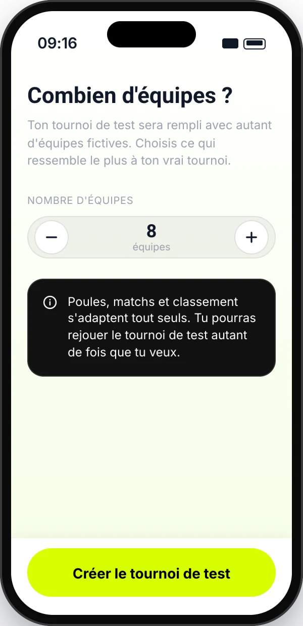 Écran Tournoi de test de l’app Yamatch : choix du nombre d’équipes