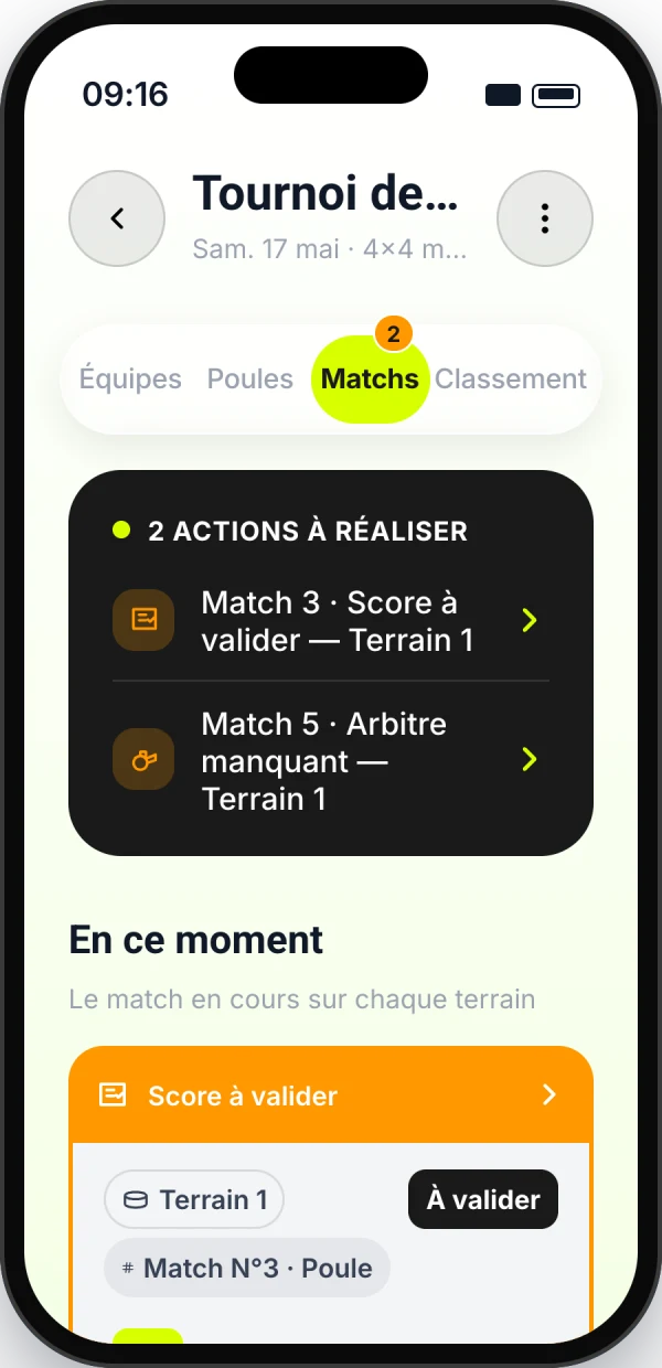 Écran Matchs de l’app Yamatch : actions à réaliser et matchs en cours